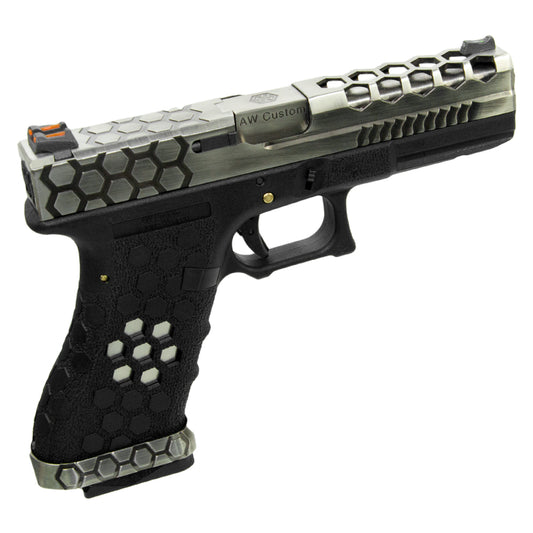 AW CUSTOMのカスタム HEXカット G17 GBB ガスブローバック(2TONE シルバー, ブラック)