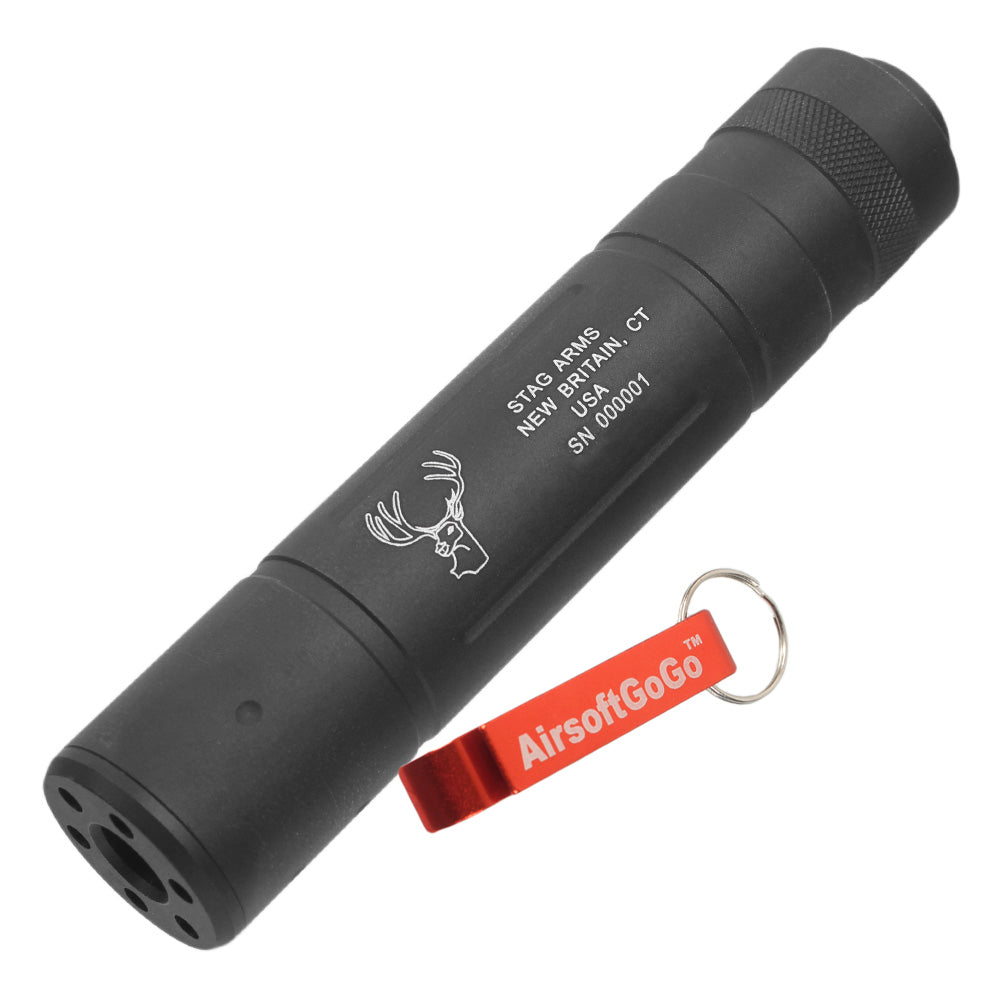 "STAG ARMS NEW BRITAIN, CT USA" engraved, 14mm reverse thread D30 x 150mm (diameter x total length) suppressor