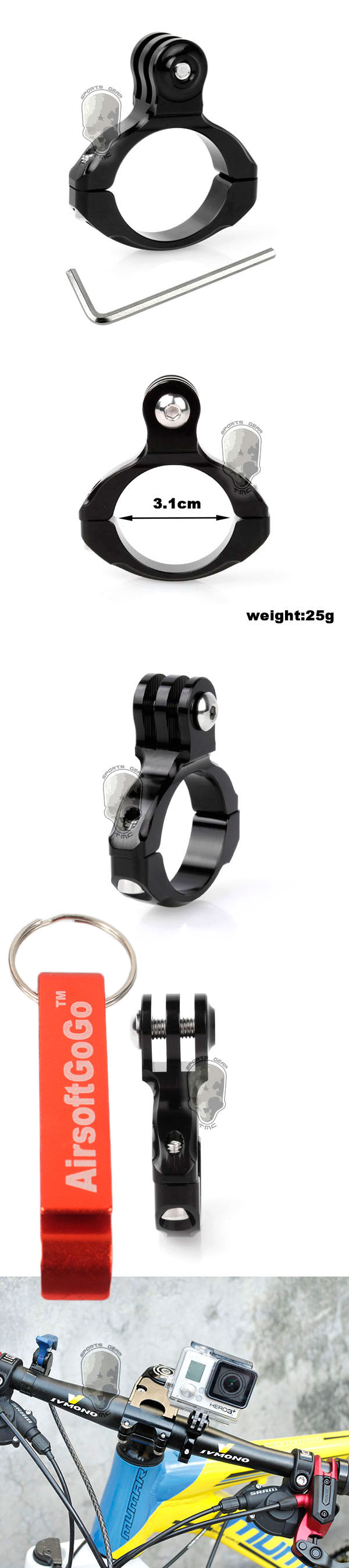 GoPro ヒーロー2/3+ 用ハンドルバー(31.8mm) 自転車/バイクオートバイ アルミハンドル マウントアダプター(黒)