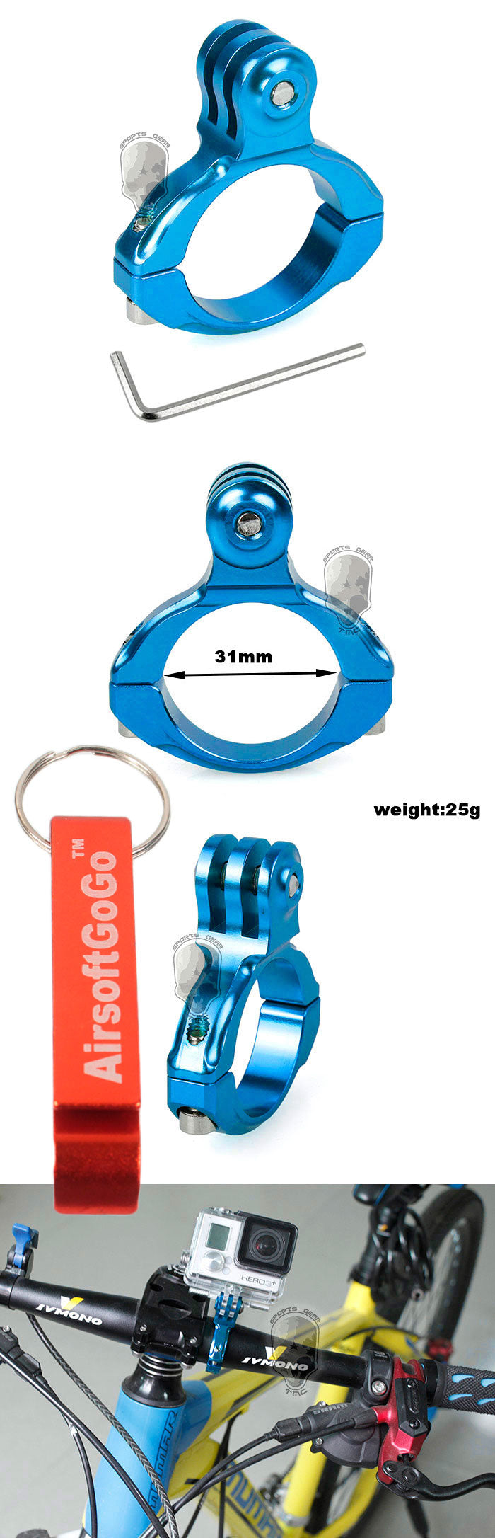 Handlebar for GoPro Hero 2/3+ (31.8mm) Bicycle/Motorcycle Aluminum Handle Mount Adapter (Blue)