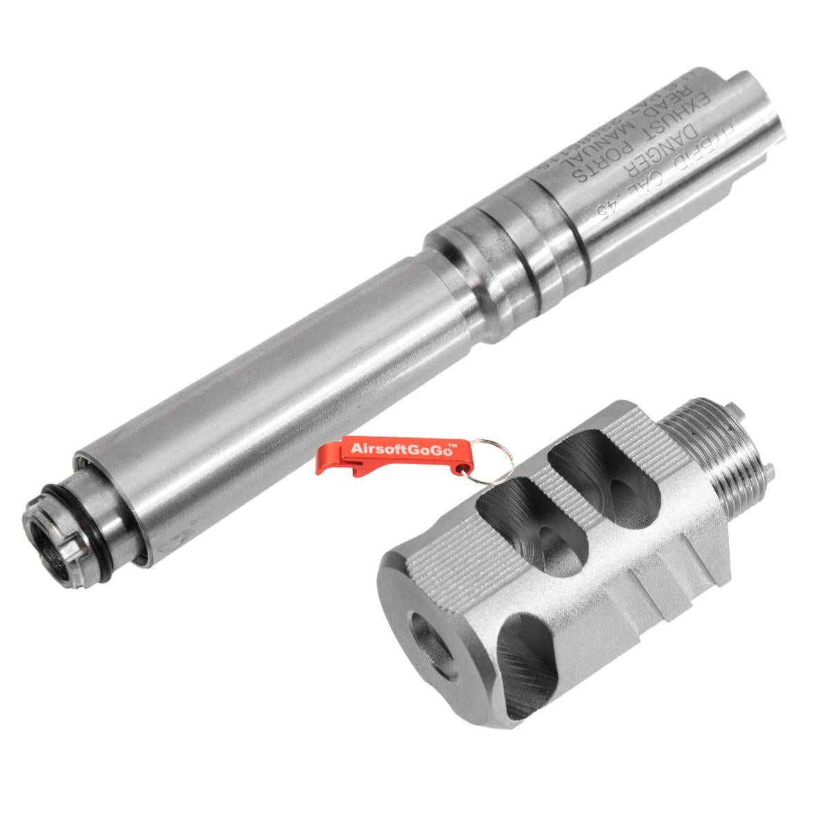 マルイ ハイキャパ5.1用 カスタム ステンレス鋼製 【HYBRID CAL.45】アウターバレル & 銅製コンペンセイターセット (Aタイプ, シルバー)-AIRSOFT GOGO エアガン・サバゲー用品通販