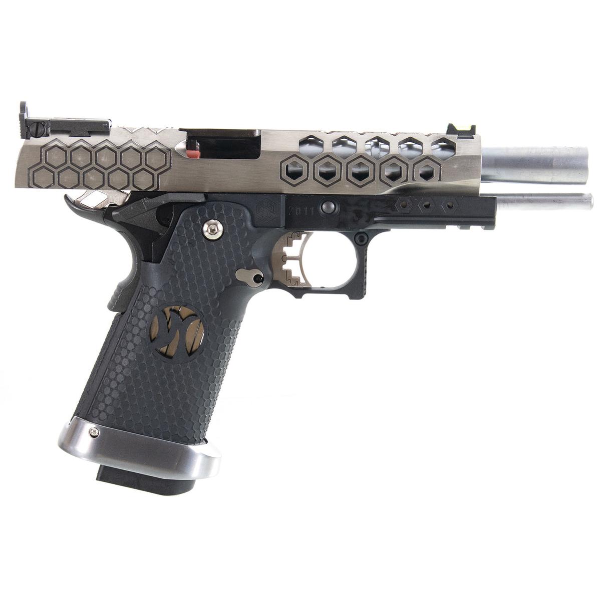 AW CUSTOM HX2501モデル HEXカット ハイキャパ 5.1 ガスブローバック (2TONE シルバー, ブラック)-AIRSOFT GOGO エアガン・サバゲー用品通販