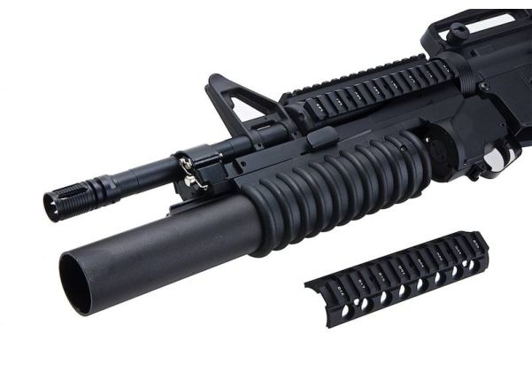 E&C M4 RIS エアソフト電動ライフル（M203ガスグレネードランチャー付き）EC707（QD 1.5(機械の)メカボックス、ブランクマーキング） - ブラック-AIRSOFT GOGO エアガン・サバゲー用品通販
