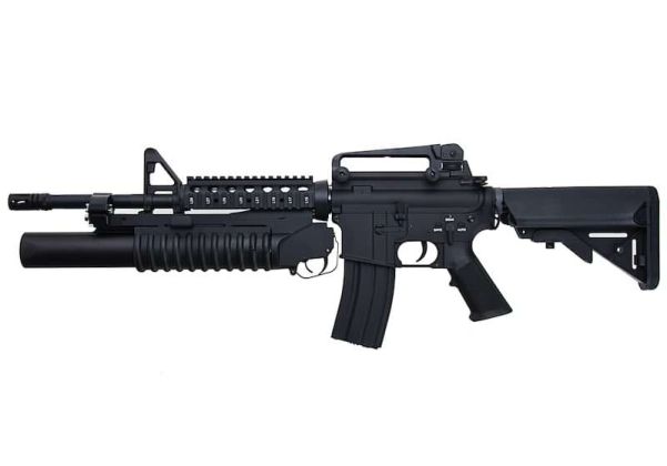 E&C M4 RIS エアソフト電動ライフル（M203ガスグレネードランチャー付き）EC707（QD 1.5(機械の)メカボックス、ブランクマーキング） - ブラック-AIRSOFT GOGO エアガン・サバゲー用品通販