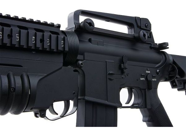 E&C M4 RIS エアソフト電動ライフル（M203ガスグレネードランチャー付き）EC707（QD 1.5(機械の)メカボックス、ブランクマーキング） - ブラック-AIRSOFT GOGO エアガン・サバゲー用品通販