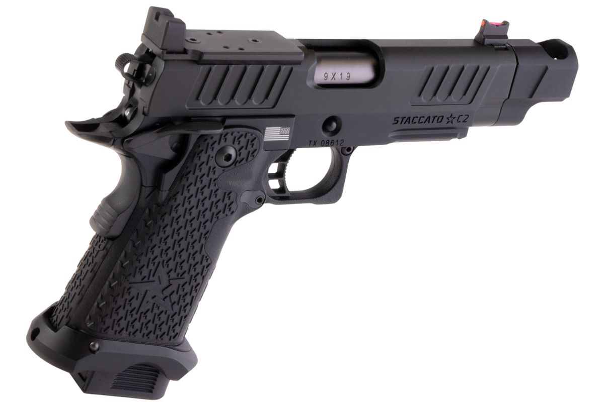 EMG 6mm Pro Shop Staccato C2 2011 コンペンセイター付きガス式エアソフトピストル - BK (R612-4) (Army X T8 アップグレード版)-AIRSOFT GOGO エアガン・サバゲー用品通販
