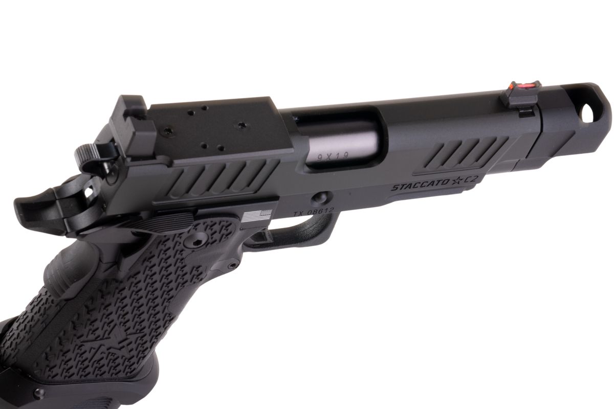EMG 6mm Pro Shop Staccato C2 2011 コンペンセイター付きガス式エアソフトピストル - BK (R612-4) (Army X T8 アップグレード版)-AIRSOFT GOGO エアガン・サバゲー用品通販