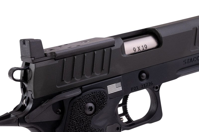 EMG 6mm プロショップ スタッカート P GBB エアソフト ピストル、ハンドメイド スティップリング グリップ付き - BK (Army Armament 製)-AIRSOFT GOGO エアガン・サバゲー用品通販