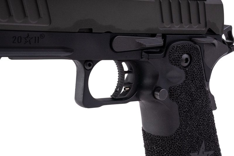 EMG 6mm プロショップ スタッカート P GBB エアソフト ピストル、ハンドメイド スティップリング グリップ付き - BK (Army Armament 製)-AIRSOFT GOGO エアガン・サバゲー用品通販