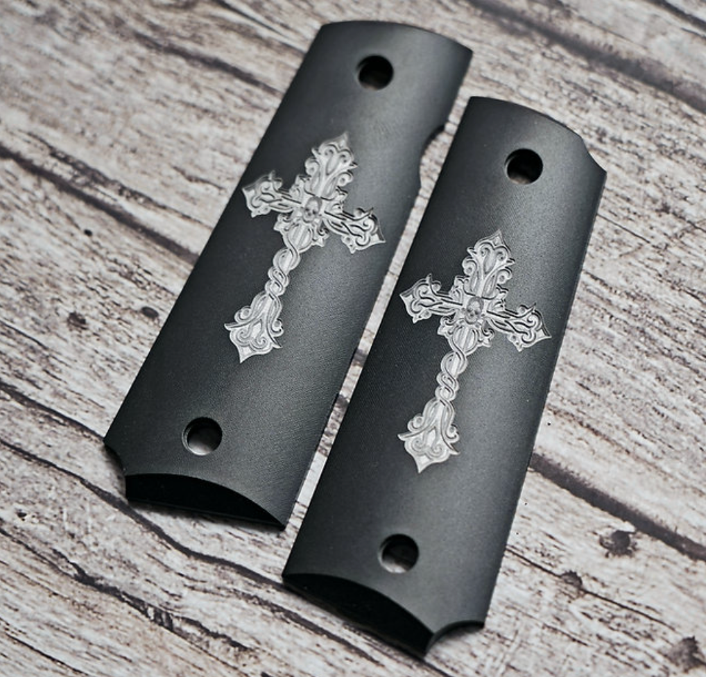 FCW 1911 クロススカル アルミ マットブラック グリップ-AIRSOFT GOGO エアガン・サバゲー用品通販