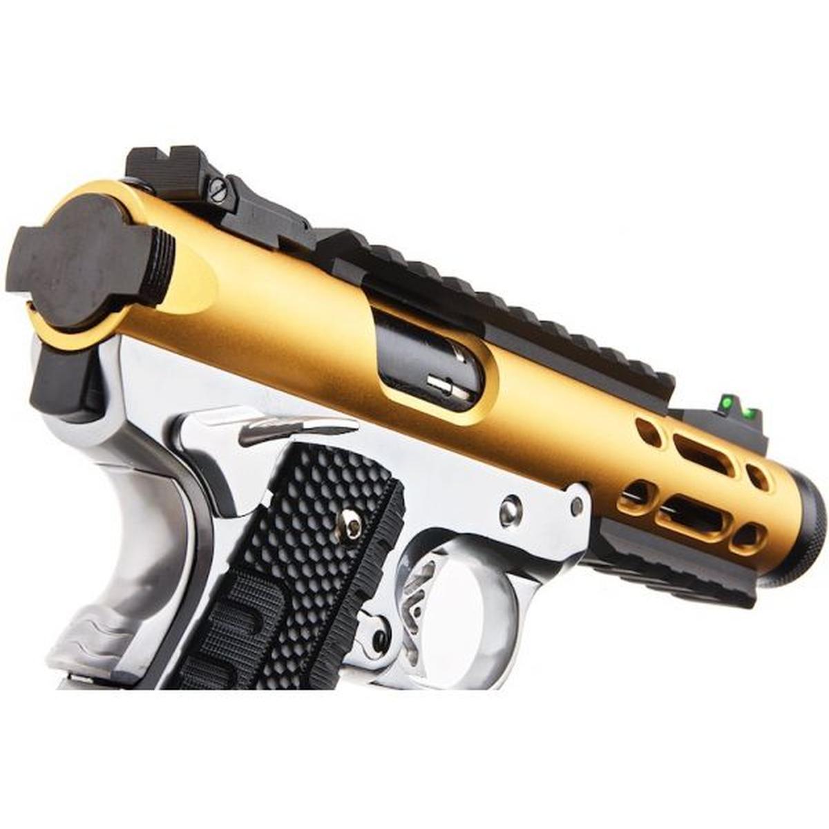 WE 1911 ギャラクシー グリーン ガス エアソフト ピストル - ゴールド スライド、シルバー フレーム-AIRSOFT GOGO エアガン・サバゲー用品通販