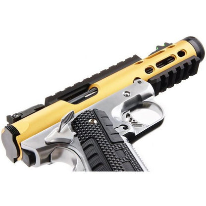 WE 1911 ギャラクシー グリーン ガス エアソフト ピストル - ゴールド スライド、シルバー フレーム-AIRSOFT GOGO エアガン・サバゲー用品通販