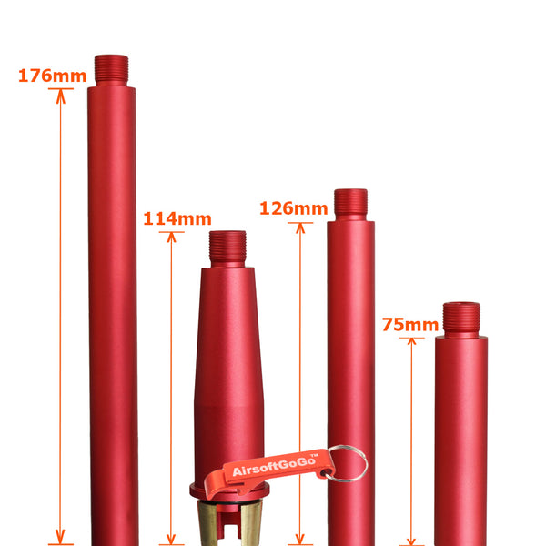 東京マルイM4 MWS専用のカスタム マルチレングス アウターバレル 赤色 (サイズ：114/176/126/75mm)