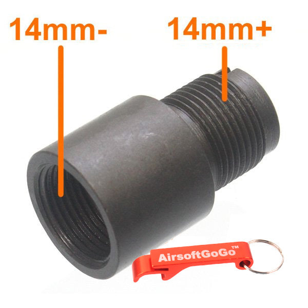 Steel 14mm barrel adapter for electric guns, gas blowbacks, and gas blowback rifles (14mm reverse thread → 14mm normal thread)