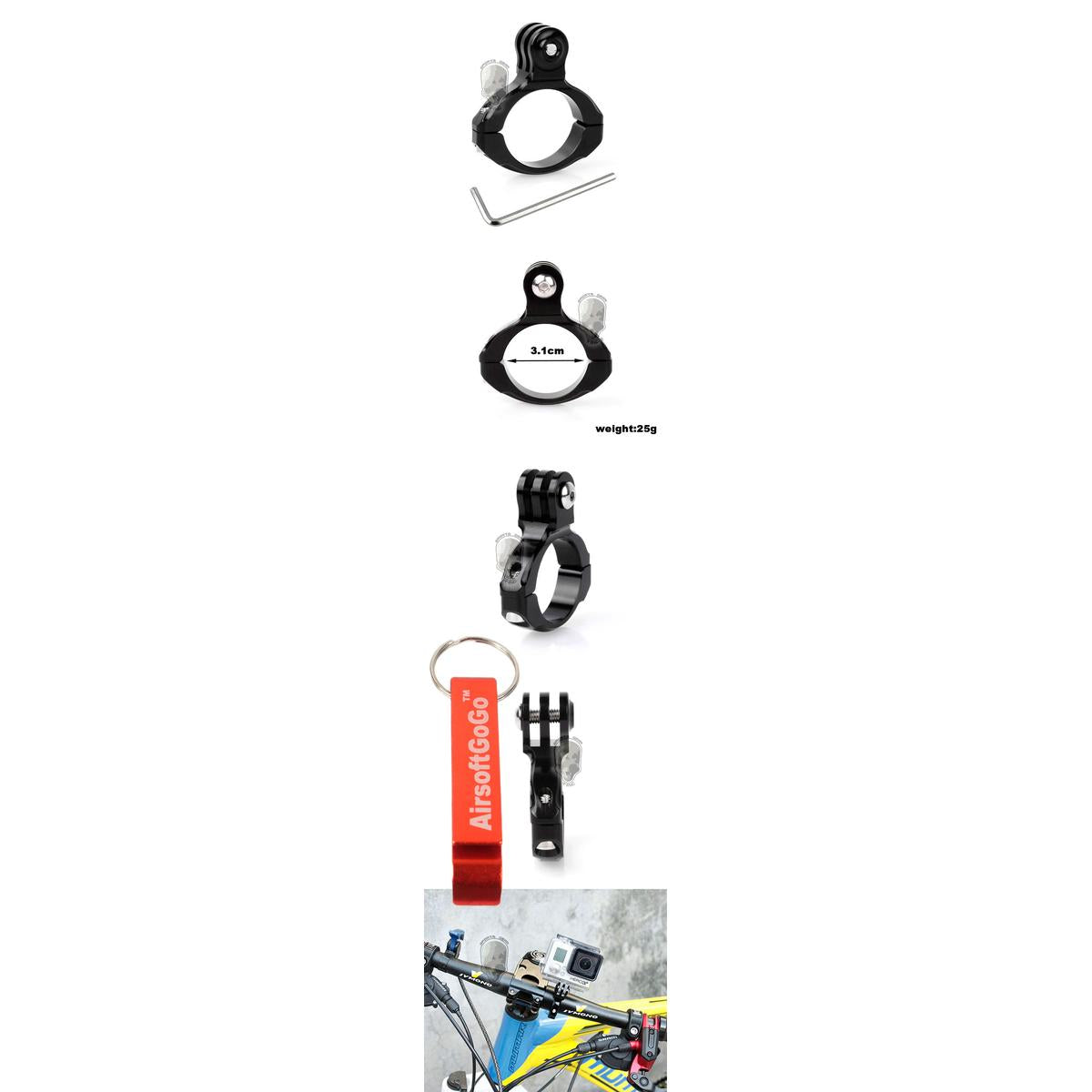 GoPro ヒーロー2/3+ 用ハンドルバー(31.8mm) 自転車/バイクオートバイ アルミハンドル マウントアダプター（黒）-AIRSOFT GOGO エアガン・サバゲー用品通販