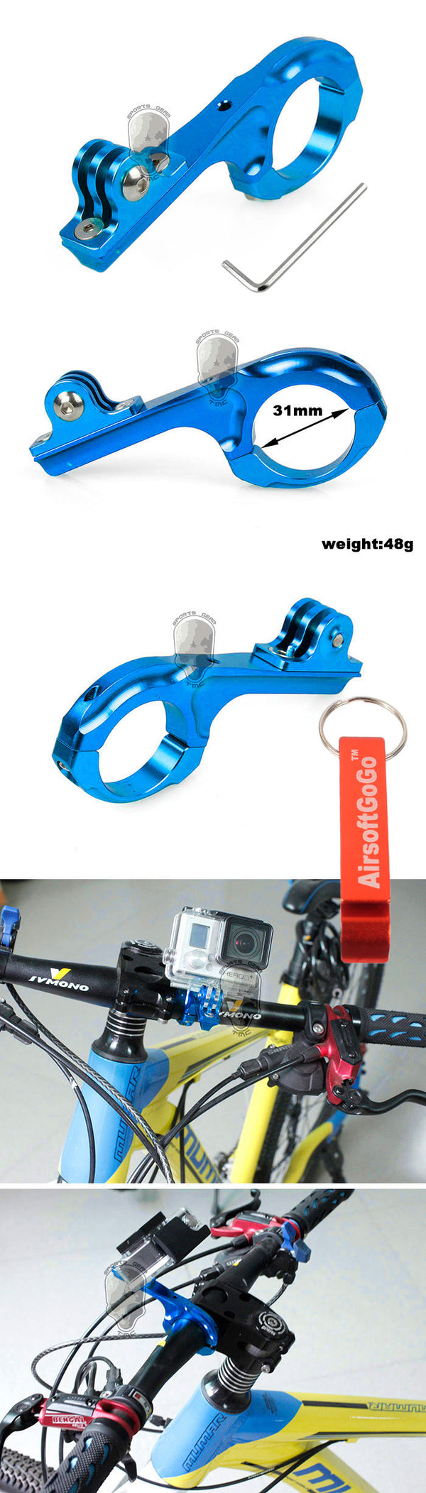 Handlebar for GoPro Hero 2/3+ (31.8mm) Bicycle/Motorcycle Aluminum Handle Mount Adapter (Blue)