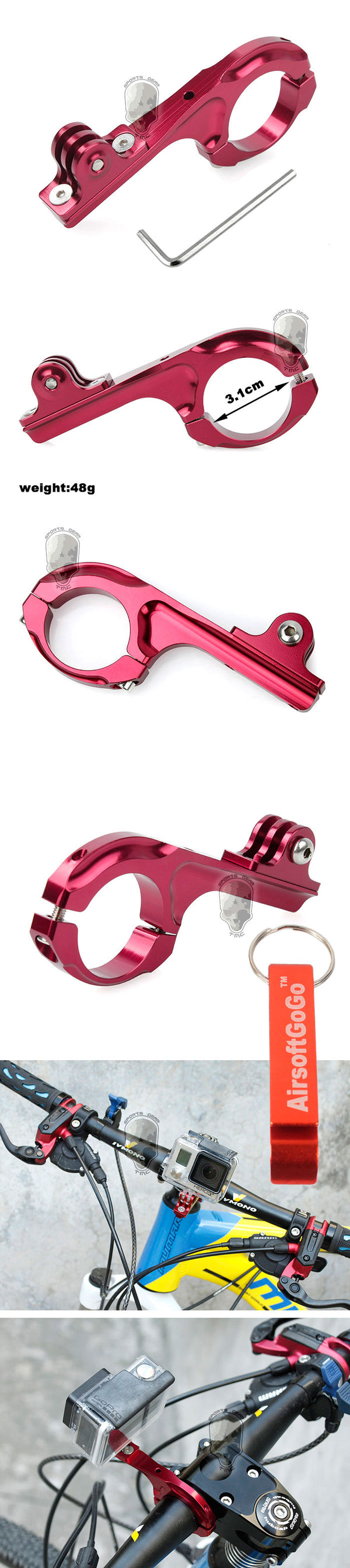 GoPro ヒーロー2/3+ 用ハンドルバー(31.8mm) 自転車/バイクオートバイ アルミハンドル マウントアダプター（赤）