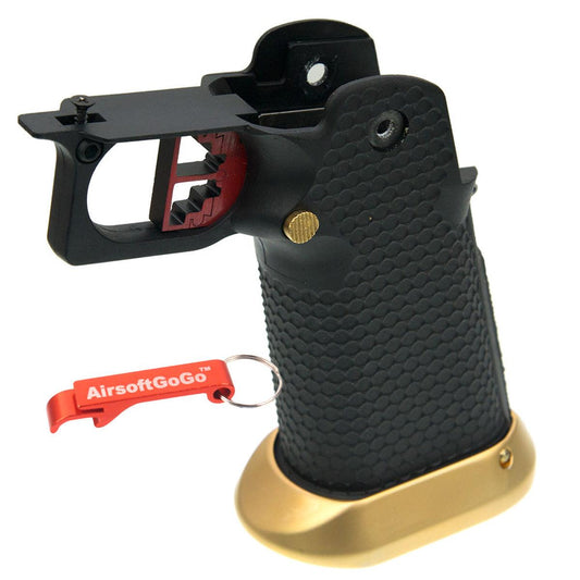 WE / マルイ ハイキャパ5.1・4.3 GBB ガスブローバック用IPSC グリップセット タイプ3 (ブラック＋ゴールド)-AIRSOFT GOGO エアガン・サバゲー用品通販